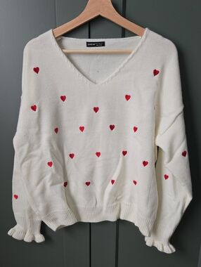 SHEIN Cream V-Neck Sweater with Red Heart Accents